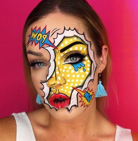 Comics Makeup Pop Art, Maquillage Pin Up, Comic Makeup, Pop Art Makeup, Creepy Halloween Makeup, Make Up Inspiration, Face Paint Makeup, Face Art Makeup, Amazing Halloween Makeup