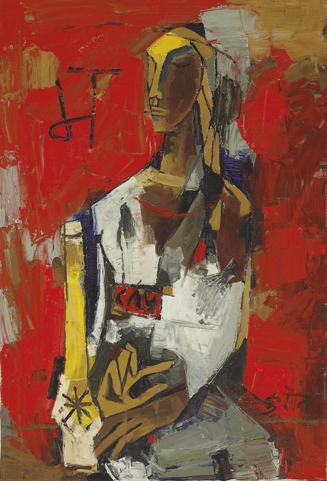 Hussain Paintings, Mf Hussain Paintings, Mf Hussain, Famous Artists Paintings, Woman In Red, Modern Art Paintings Abstract, Red Art Print, Contemporary Art Painting, Indian Artist