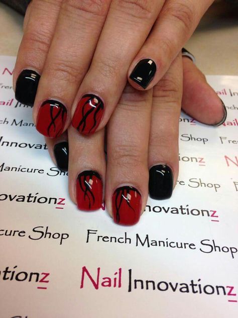 Red and black gel nails perfect for a rock star or just because your in a red and black mood. Complete with hand painted nail art for any level of nail tech. Red Black Gel Nails, Red And Black Nails Short, Red Painted Nails, Black Nails Short, Red Nail Varnish, Matching Nails, Hand Painted Nail Art, Black Gel Nails, Black Mood