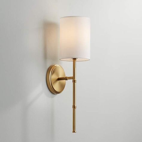 bathroom sconce fabric shade - Google Search Gold Sconces, Antique Brass Bathroom, Decor Fireplace, Modern Wall Lamp, Wall Lighting Design, Bay House, Transitional Wall Sconces, Bathroom Sconces, Glass Wall Lights