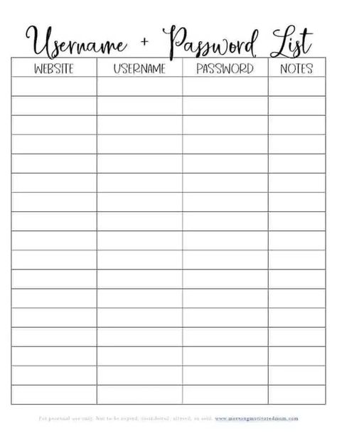 Free Printable Bujo Templates, Username Password Template, Printable Lists Free, Printable Organization Sheets Free, Big Notebook, Life Organization Printables, Printable Password Tracker, Password Printable, Bill Tracker Printable