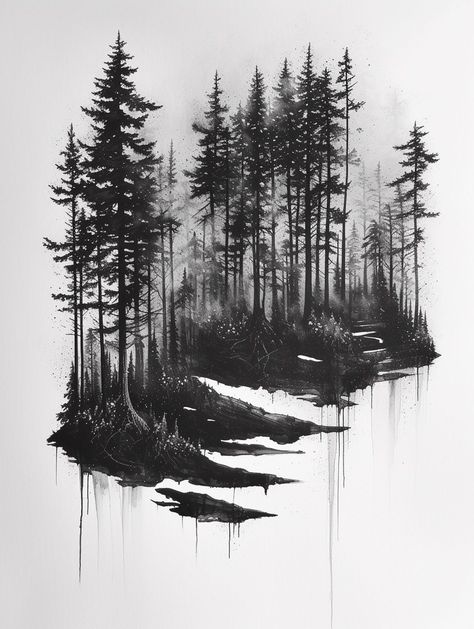 Spooky Woods Tattoo, Gothic Forest Tattoo, Spooky Forest Drawing, Dark Tree Tattoo, Pine Forest Tattoo, Dark Forest Drawing, Dark Forest Tattoo, Redwood Tattoo, Forest Tattoo Sleeve