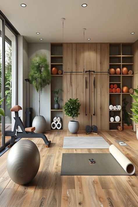 21 Home Gym Ideas - Remodr Meditation Gym Room, Spa Gym At Home, Home Gym And Yoga Room, Basement Sauna And Gym, At Home Yoga Studio, Yoga Area At Home, Sunroom Gym, Home Yoga Room Ideas, Workout Space At Home