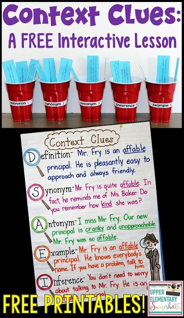 Context Clues Activities! This blog post features a context clues lesson, anchor chart, and interactive notebook entry! The free printables are available for immediate use! Context Clues Lesson, Context Clues Anchor Chart, Context Clues Activities, Third Grade Reading, 6th Grade Ela, 5th Grade Reading, 4th Grade Reading, 3rd Grade Reading, Interactive Lessons