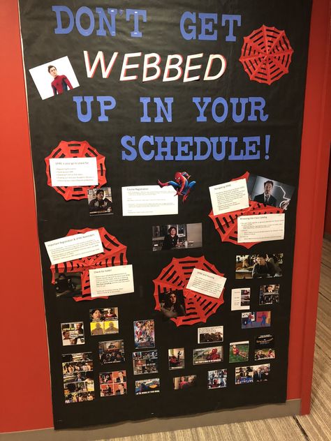 RA Bulletin Board Spider-Man Homecoming Spiderman Bulletin Board Ideas, Spider Man Bulletin Board Ideas, Spiderman Bulletin Board, Breakroom Ideas, Superhero Bulletin Boards, Billboard Ideas, Ra Door Tags, Dorm Themes, Student Council Campaign Posters