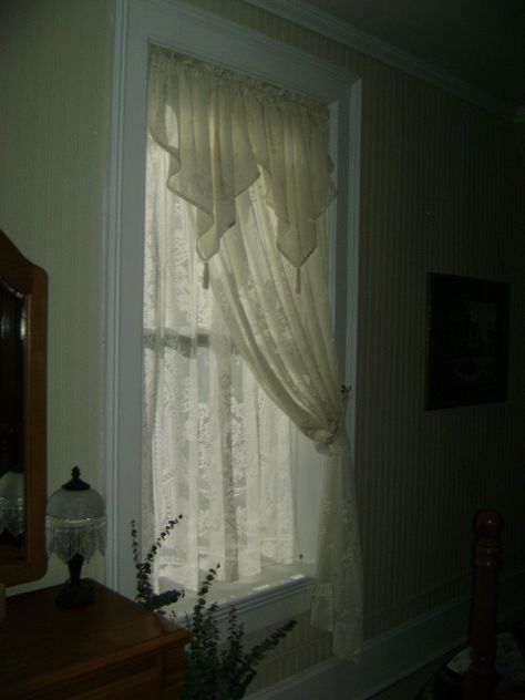 lace curtains  3 layers of lace, so cool!!! Layered Lace Curtains, Headboard Curtains, Homemade Curtains, Cheap Curtains, Ikea Curtains, Curtain Styles, Layered Curtains, Burlap Curtains, Luxury Curtains