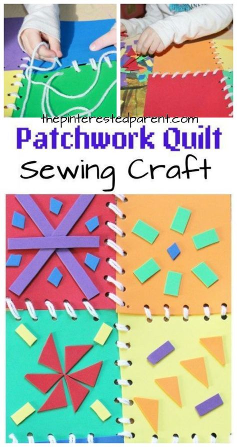 This is a great fine motor skill activity as well as a bright and pretty arts & craft project for the kids. Patchwork quilt introduction to sewing with foam pieces. Motor Skill Activity, Pioneer Crafts, Clothing Study, Sewing Activities, Pyjamas Party, Art And Craft Ideas, Paper Quilt, Reunion Ideas, Fine Motor Skills Activities