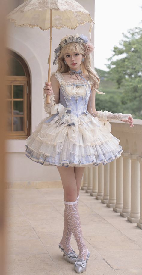 The Nine Songs -Misty Blue Moonlight- Lolita Top Wear, Blouse and Skirts Kawaii Outfit Ideas, Dolly Dress, Lolita Outfits, Frilly Dresses, Kawaii Dress, Kawaii Fashion Outfits, Harajuku Fashion, Lolita Dress, Marie Antoinette