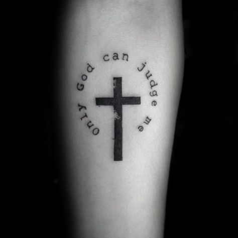 black cross with only god can judge me mens small simple inner forearm tattoo Christus Tattoo, Wörter Tattoos, Only God Can Judge Me, Biblical Tattoos, Inner Forearm Tattoo, Cross Tattoo For Men, Faith Tattoo, God Tattoos, Small Tattoos With Meaning