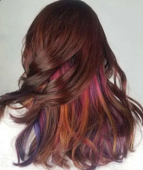 Hidden Hair Color Ideas, Peak A Boo Hair, Rose Brown Hair, Color Hair Ideas, Hidden Rainbow Hair, Hidden Hair Color, A Line Haircut, Warm Brunette, Split Dyed Hair