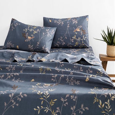 PRICES MAY VARY. Floral Design: Features a moody bird leaf and branch pattern that adds a touch of elegance and luxury to your bedroom decor. Perfect for fans of floral aesthetics. Full Size Set: Flat sheet 84 x 96 inches, Fitted sheet 55 x 75 + 16 inches, 2 Pillowcases 20 x 30 inches. Soft and Cozy: Crafted from premium brushed polyester microfiber, this sheet set offers exceptional softness, durability, and light weight coziness for restful sleep. Deep Pocket & Easy Fit: Our fitted sheet featu Floral Bed Sheets, Bedding Dark, Birds Spring, King Size Bed Sheets, Grey Sheets, Leaf Print Pattern, Sewing Furniture, King Sheets, Luxury Sheets