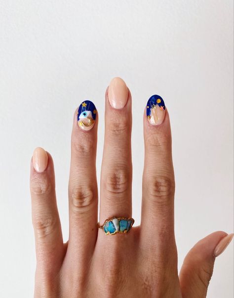 navy blue clouds and a moon and shooting starts on nude round shaped nails Third Eye Nails, Moon And Star Nails, Nails Evil Eye, Nails Round, Eye Nails, Round Nails, Star Nails, Moon And Star, Beauty Stuff