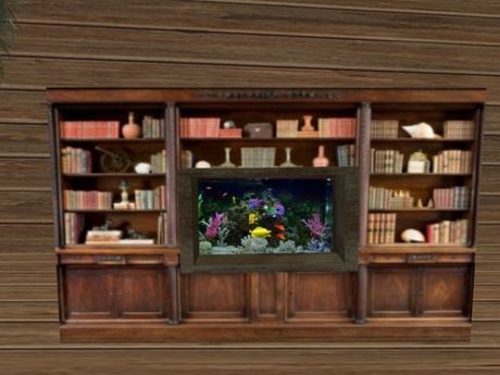 Another fishtank bookcase. Built In Fish Tank, Animated Fish, Lounge Library, Aquarium Wall, Cozy Library, Dream Office, Computer Room, Fish Tanks, Curio Cabinet