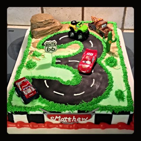 A Cars birthday sheet cake :) 3rd Birthday Cakes For Boys, Race Track Cake, Race Car Cakes, Sheet Cake Designs, Cars Birthday Cake, Birthday Sheet Cakes, Disney Cars Birthday, Cars Birthday Party Disney, Car Birthday Theme