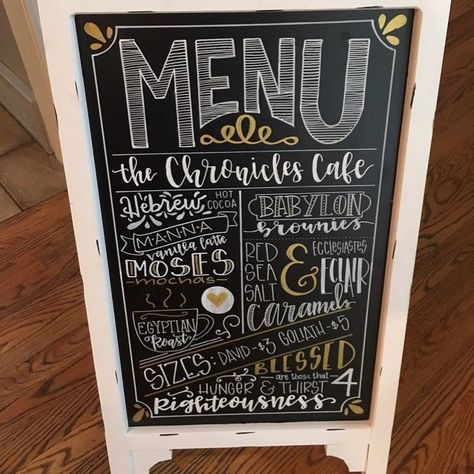 Chalkboard menu, chalkboard lettering - Still one of my favorite pieces to date...that one time I got to sketch out a faux menu for the children’s wing at our church ❤️ Chalkboard Menu Art, Chalkboard Art Menu Boards, Chalkboard Menu Ideas, Chalk Menu Board Fonts, Black Board Menu Cafe, Coffee Shop Chalkboard Signs Menu Boards, Restaurant Welcome Chalkboard, Espresso House, Restaurant Welcome Sign Chalk