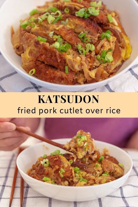 Korean Pork Rice Bowl, Pork Katsudon Rice Bowls, International Pork Recipes, Pork Katsu Don, Korean Pork Cutlet, Katsudon Recipe Pork, Sauteed Onions, Sweet Soy Sauce, Pork Cutlet