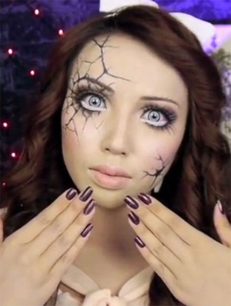 Scary Doll Makeup, Creepy Doll Makeup, Cracked Doll Makeup, Cracked Doll, Broken Doll Makeup, Doll Makeup Tutorial, Doll Makeup Halloween, Doll Face Makeup, Unique Halloween Makeup