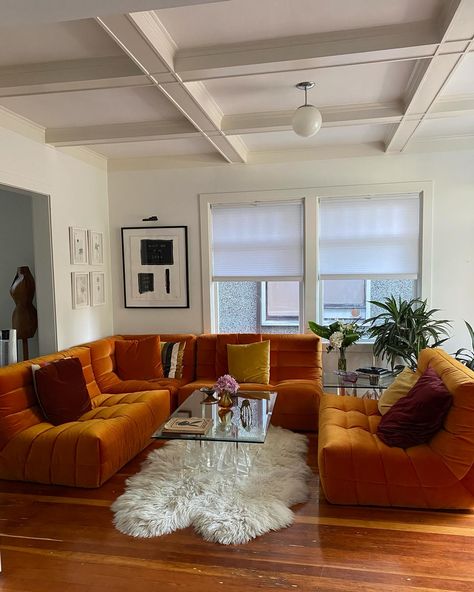 Bright orange Russo2 sectional sofa. The client is so happy with this living room transformation and we can see why. looks amazing!😍 Burnt Orange Couch Living Room Ideas, Orange Couch Aesthetic, Orange Sofa Living Room, Orange Couch, Living Room Transformation, Orange Sofa, Living Room Orange, Room Transformation, The Client