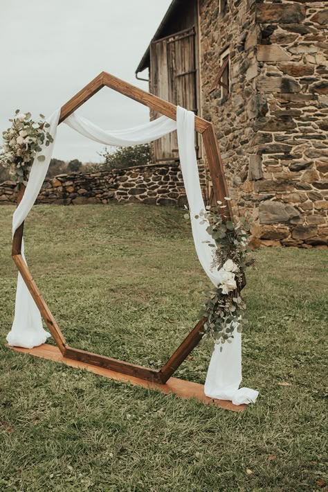 Heptagon Wedding Arch With Drape, Heptagon Arch, Heptagon Wedding Arch, Hexagon Wedding Arch, Jade Wedding, Hexagon Wedding, Rustic Elegant Wedding, Diy Wedding Backdrop, Green Themed Wedding