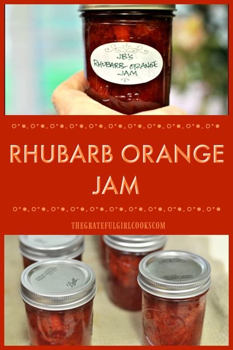 Sweet and just a little tart, this Rhubarb-Orange Jam is a perfect combo to enjoy on toast or muffins! Canning instructions included with recipe. / The Grateful Girl Cooks! Orange Jam Recipes, Canning Instructions, Rhubarb Jam Recipes, Orange Jam, Jam Recipes Homemade, Canning Jam, Rhubarb Jam, Girl Cooking, Jam And Jelly