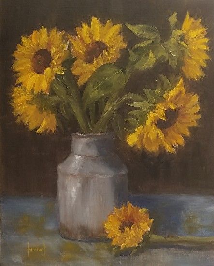 Sunflower Vase Drawing, Sunflowers In Vase, Sunflowers In Blue Vase, Sunflowers Oil Painting, Sunflower Still Life Painting, Flowers In Vase Painting, Sunflowers In Vase Painting, Sunflower Vase, Vase Painting