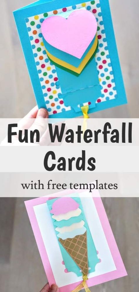 Waterfall Card Template, Pull Tab Cards, Birthday Card Template Free, Diy Waterfall, Waterfall Card, Card Template Free, Handmade Cards Diy, Cricut Birthday, Svg Templates