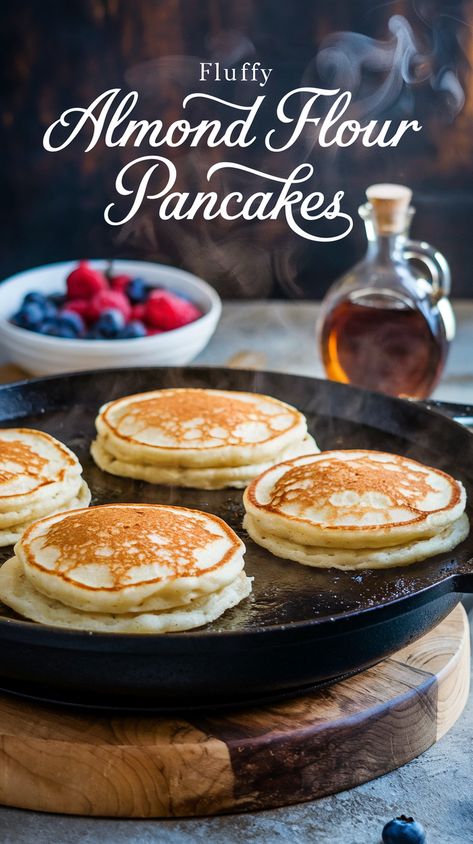 Flipping golden brown almond flour pancakes on a griddle, steam, fresh berries and maple syrup in background, Fluffy Almond Flour Pancake top text. Best Gluten Free Pancakes Ever, Grain Free Pancakes Almond Flour, Almond Flour Pancake Recipe Easy, Breakfast Ideas With Almond Flour, Almond Flour Pancakes Easy Fluffy, Pancake Recipe With Almond Flour, Almond Flour Blueberry Pancakes, Healthy Dairy Free Pancakes, Healthy Pancake Recipes Almond Flour