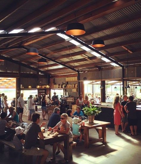 Barn Cafe, Farm Cafe, Farm Restaurant, Brewery Design, Blue Cafe, Lake House Interior, Farm Shop, Retro Interior, Outdoor Restaurant