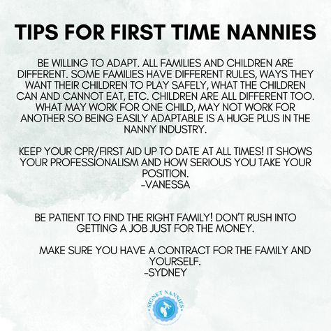 These tips for new nannies come from our current Signet nannies! What would you add to this list?   #signetnannies #atlantananny #birminghamnanny #nannyplacementagency #boisenanny #NannyAgency #birminghamalabama #ChildcareExperts #birminghamfamily #atlantafamily #boiseidaho #atlantageorgia #atlantafamilies #atl Live In Nanny Aesthetic, Nanny Aesthetic, Nanny Tips, In Home Childcare, Nanny Ideas, Live In Nanny, Home Childcare, Child Psychology, Birmingham Alabama