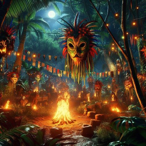 Halloween festival in the lush and exotic world of 'Far Cry 3.' The vibrant, tropical setting is transformed into a haunted wonderland, with creepy decorations adorning the lush foliage. Tribal masks are replaced with eerie costumes, and bonfires flicker amidst the jungle. An artwork that captures the blend of adventure and spookiness in this 'Far Cry 3' Halloween celebration." 🌴🎃🌙🔥🎨 Spooky Jungle Decorations, Jungle Halloween, Haunted Wonderland, Jungle Festival, Halloween Bonfire, Creepy Decorations, Jungle Decorations, Neural Art, Creepy Decor