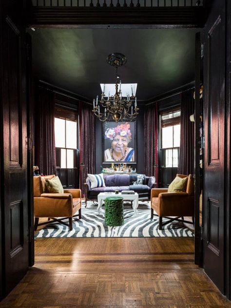 How to Use Dark Green in Your Living Room | HGTV Purple Wall Color, Bourbon Room, Moody Living Room, Zebra Rug, Dark Green Walls, Blue Ceilings, Eclectic Interior Design, Interior Design Awards, Modern Victorian