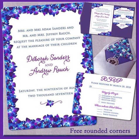 Blue And Purple Wedding Invitations, Blue And Purple Wedding, Wedding Invitations Purple, Blue Orchid Wedding, Wedding Invitations Blue, Orchid Wedding Invitations, Wedding Invitations Floral, Orchid Design, Purple Invitations