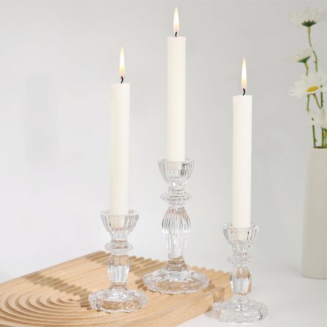 PRICES MAY VARY. Tapered Candlestick Holders: Designed for tapered candles, their striped exterior beautifully reflects candlelight.Illuminate your space with our 3-piece set of sleek glass candle holders. Safe Candle Stand: Our holders boast a transparent base with a widened footprint and floral-inspired design, ensuring they stay upright during use. High-qualty Material: Crafted from thick, heat-resistant glass, our holders guarantee safe burning and enduring quality, promising years of deligh Wedding Centerpieces Candles, Crystal Candle Holders Centerpieces, Candlestick Centerpiece Wedding, Safe Candle, Candles Stand, Clear Candle Holders, Clear Candle, Safe Candles, Centerpiece Home