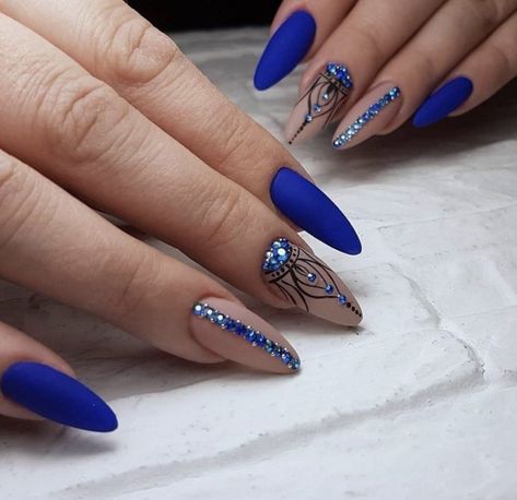 Sharp manicure Nailsrhinestones stylishideas for every day SharpFancy NailsTrendy NailsSharp Nail DesignsNails DesignNail Designs rhinestones Blue Coffin Nails, Blue Acrylic Nails, Blue Nail Designs, Blue Nail, Summer Acrylic Nails, Beautiful Nail Art, Nail Art Summer, Classy Nails, Dope Nails