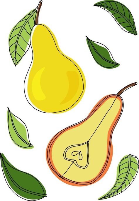 Botanical illustration in the style of doodles. Juicy pears with leaves. Pear Doodle, Botanical Illustration, Pear, Vector Free, Doodles, Clip Art