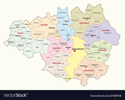 Greater Manchester district map. Manchester Map, Manchester England, Greater Manchester, Map Vector, Cumbria, England Uk, City Map, World Map, Manchester