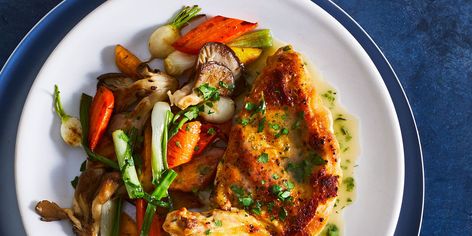 Quick Skillet-Roasted Chicken with Spring Vegetables Recipe | Food & Wine Airline Chicken Breast, Braised Kale, Fried Chicken Breast, Spring Chicken, Chicken Food, Chicken Spices, Spring Vegetables, Stuffed Banana Peppers, Roasted Chicken