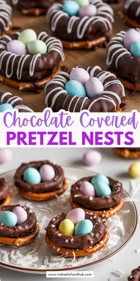 These chocolate-covered pretzel nests are a fun and festive treat for Easter. Crispy pretzels are coated in chocolate and shaped into nests, then filled with colorful candy eggs for an adorable dessert. Easter Sweet Treats For Kids, Treats On A Stick Ideas, Gourmet Chocolate Covered Pretzels, Easy No Bake Valentine Treats, Easter Baked Goods To Sell, Easter Chocolate Covered Treats, Chocolate Easter Desserts, Easter Nest Treats, Easter Chocolate Ideas