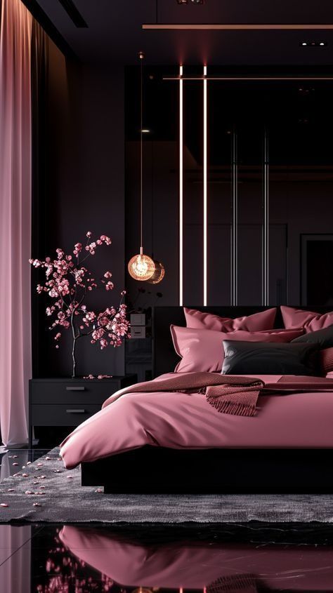 Plum Bedroom, Black Room Aesthetic, Bedroom Colour, Purple Bedrooms, Classy Bedroom, Dark Bedroom, Bedroom Organization, Gold Bedroom, Pink Bedrooms