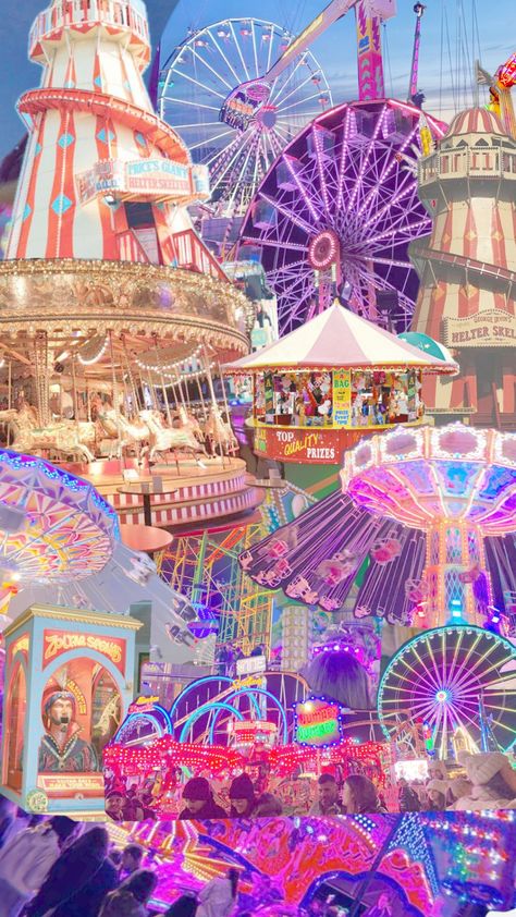 funfair 🎠🎡 #themepark #funfair #neon #carousel #helterskelter Funfair Aesthetic Night, Fair Background, Funfair Aesthetic, Fair Aesthetic, Fair Rides, Street Fair, Fair Projects, Fun Fair, Merry Go Round