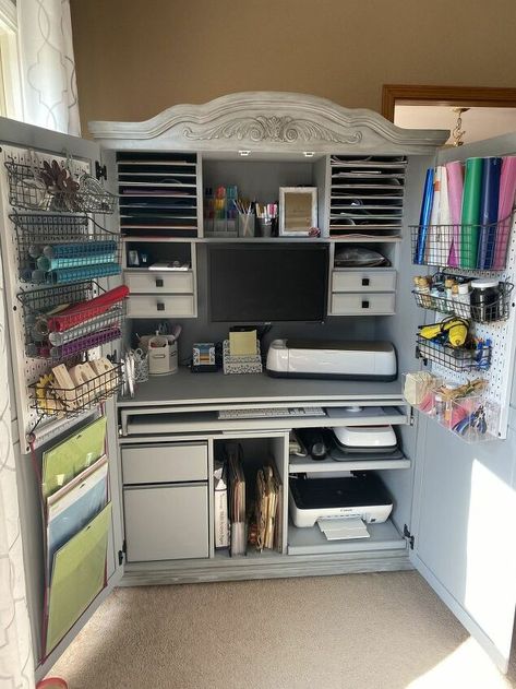 How to Turn a $60 Computer Armoire Into a Cricut Craft Cabinet DIY | Hometalk Craft Armoire, Craft Storage Cabinets, Computer Armoire, Craft Cabinet, Dream Craft Room, Craft Room Design, Organized Home, Office Crafts, Cricut Craft