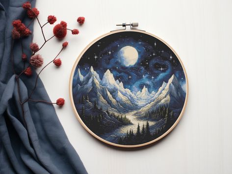 Cross Stitch Mountains, Cross Stitch Sunset, Mountain Cross Stitch, Embroidery Forest, Cross Stitch Embroidery Designs, Forest Cross Stitch, Stars Embroidery, Nature Embroidery, Cross Stitch House