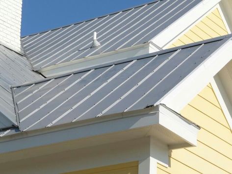 Metal roof, yellow paint, white trim House Metal Roof, Roof Painting, Yellow Farmhouse, Metal Roof Houses, Metal Roof Colors, Metal Roofs, Roofing Ideas, Roof Ideas, Roof Paint