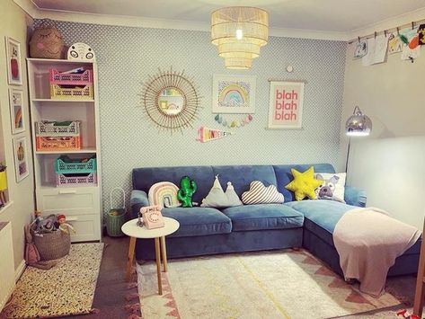 Kids Playroom And Tv Room, Playroom Snug Ideas, Guest And Playroom Combo, Snug Playroom Ideas, Living Playroom Combo, Family Playroom Combo, Playroom With Sofa, Couch In Playroom, Playroom And Living Room Combo