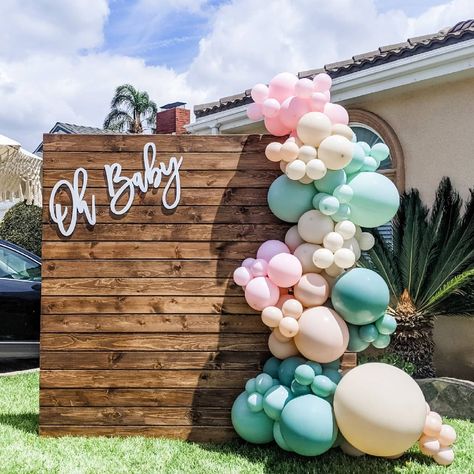 Balloon Arch With Wood Backdrop, Balloon Arch Wood Backdrop, Gender Reveal Wood Backdrop, Wood Backdrop With Balloons, Oh Baby Backdrop, Balloon Arch Ideas, Shower Balloon Arch, Baby Shower Balloon Arch, Baby Gender Reveal Party Decorations