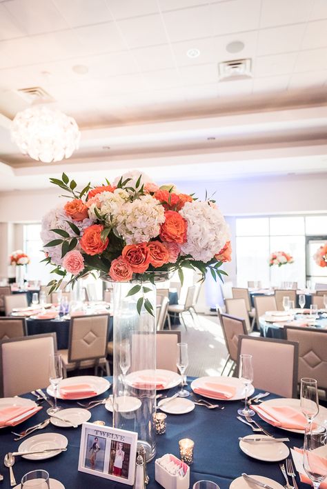 Coral Rose and White Hydrangea Centerpiece Coral Centerpieces Wedding, Hydrangea Centerpiece Diy, Navy Wedding Centerpieces, Coral Wedding Centerpieces, White Hydrangea Centerpiece, Wedding Centerpieces Tall, Navy And Coral Wedding, White Hydrangea Centerpieces, Coral Wedding Ideas