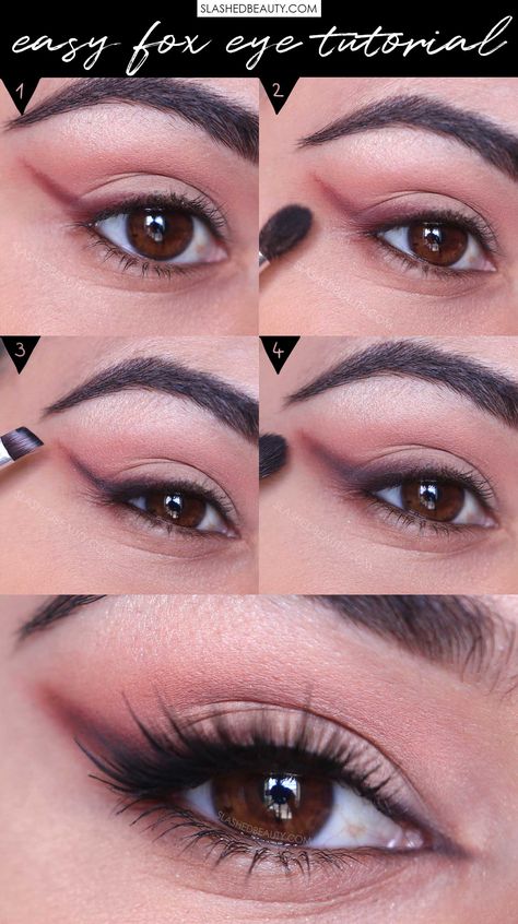 5-Step Easy Fox Eye Makeup Tutorial | Slashed Beauty #foxeye #makeuptutorial #eyeshadowtutorial #eyelinertutorial #foxeyetutorial #glammakeup Soft Foxy Eyes Make Up, Foxy Eye Makeup Tutorial, Easy Fox Eye Makeup, Fox Eye Makeup Tutorial, Fox Eye Makeup, Draw Eyeliner, Face Tutorial, Tutorial Eyeshadow, Pretty Eyeshadow