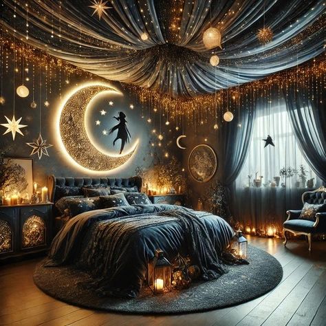 Bedroom Moon Theme, Celestial Home Aesthetic, Cosmic Bedroom Aesthetic, Lunar Bedroom Aesthetic, Astrological Room Aesthetic, Gothic Astrological Bedroom, Rock Room, Dark Cottage Core, Witch Home Decor