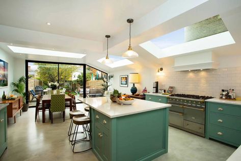 Kitchen With Open Ceiling, Green Wood Brick Kitchen, One Wall Kitchen With Island, Contemporary Kitchen And Dining, Eclectic Kitchens, Ireland Interior, Wood Islands, Flat Roof Tiles, Dining Extension