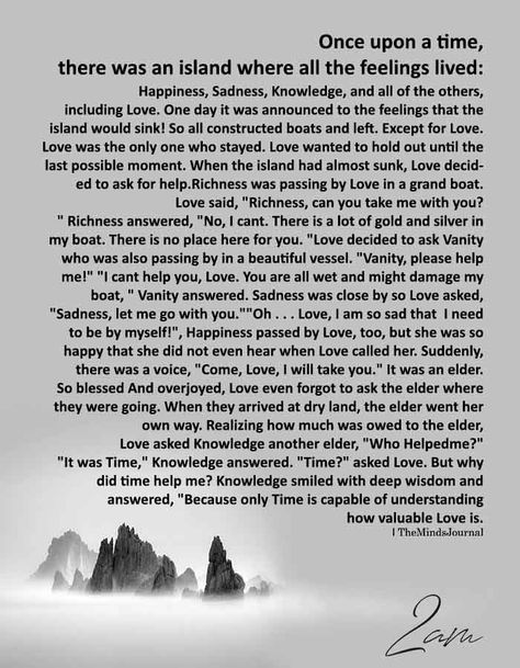 Once upon a time, there was an island where all the feelings lived Long Stories With Moral Lessons, Christian Moral Stories, Motivation Stories, Wise Sayings, Inspirational Stories, Moral Stories, Perfection Quotes, Lesson Quotes, Life Lesson Quotes